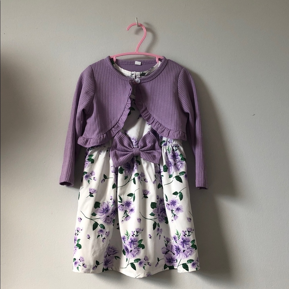 SHEIN Lavender Ribbed Cardigan with White Floral Bow Dress